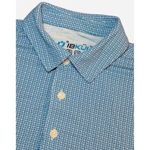 IBKUL Mens Medium Short Sleeve Polo Shirt Blue White Geometric UPF 50 Quick Dry